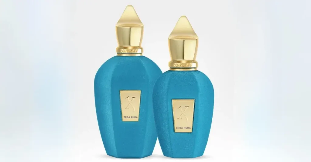 The beautiful Blue and Gold Perfume Bottle Erba Pura by Xerjoff
