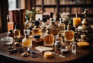 How to Become a Perfumer: A table adorned with various perfume ingredients and tools, surrounded by books on perfume making and exotic travel destinations