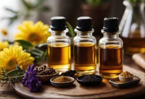 How to Make Perfume Oil: A table with various essential oils, carrier oils, and measuring tools. A notebook with perfume oil recipes and a pen. A small scale for precise measurements