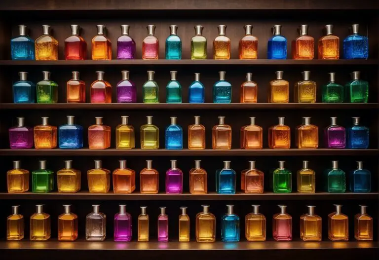 How to Store Perfume: A wooden shelf with rows of colorful perfume bottles neatly organized, surrounded by dim lighting and a soft, elegant backdrop